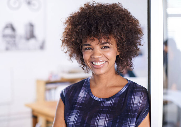 Black woman, smile and portrait in office or workplace for project or meeting with casual outfit. Businesswoman, entrepreneur and corporate at work with confident or professional in boardroom. - Photo, image