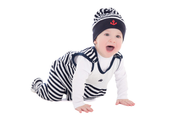Baby chłopiec malucha w ubrania marynarz indeksowania na białym tle - Zdjęcie, obraz