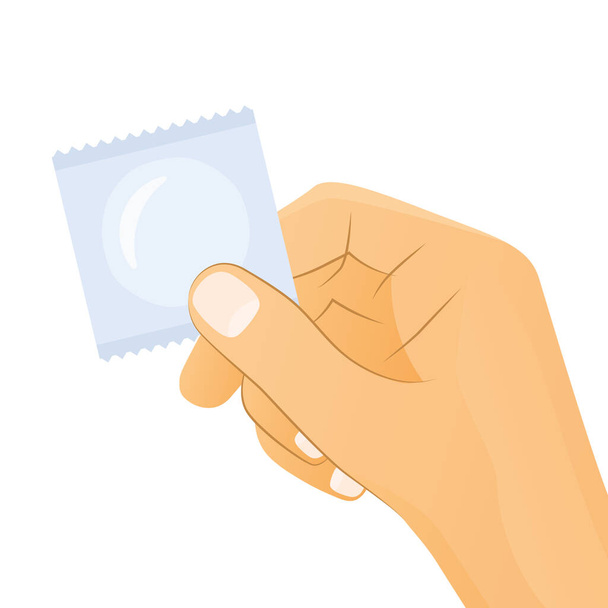 preservativo mano in un pacchetto, concetto di sesso sicuro, consapevolezza, prevenzione delle infezioni sessualmente trasmesse e gravidanze non pianificate - vector illustratio - Vettoriali, immagini