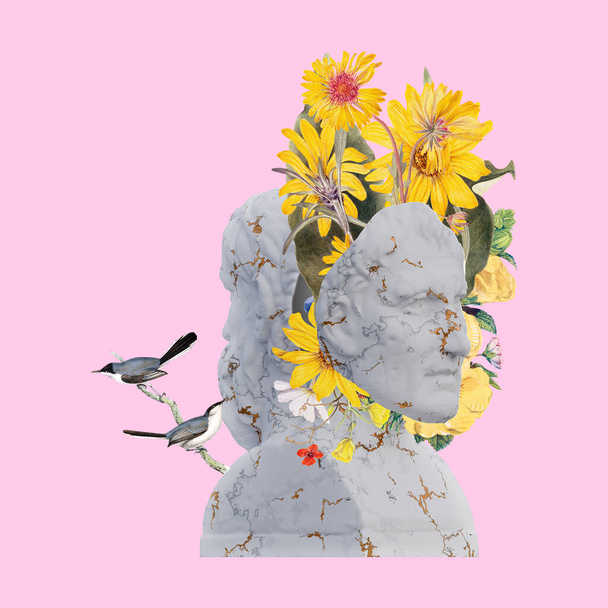 Aristophanes Menander Statuen 3D Render, Collage mit Blumenblättern Kompositionen für Ihre Arbeit - Foto, Bild