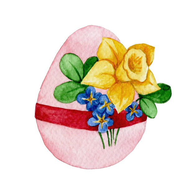 акварель, пасхальное яйцо с букетом весенних цветов - Фото, изображение