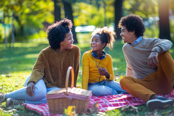 Афроамериканская семья веселится во время пикника в парке. - Фото, изображение