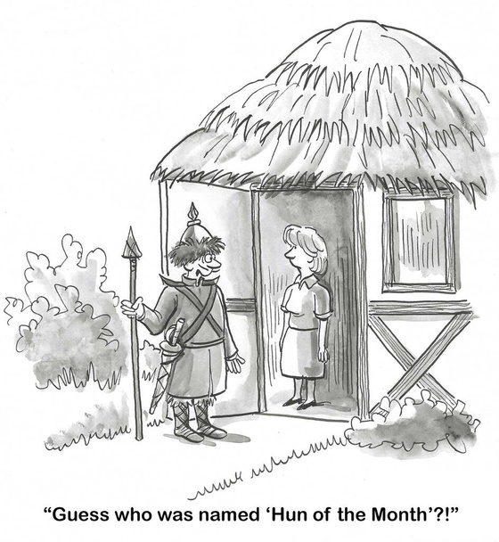BW cartoon van een trotse man die zijn vrouw vertelde dat hij 'Hun van de maand' heette. - Foto, afbeelding