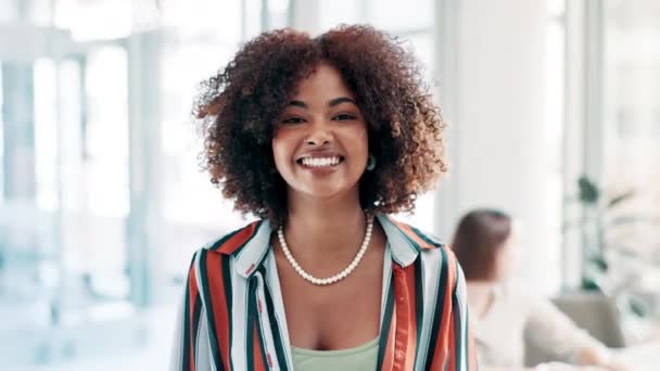 Designer, face or happy woman with smile at office in confidence for career, job or business startup. Portrait of a proud biracial female person, worker or friendly employee at workplace in a company. - Footage, Video