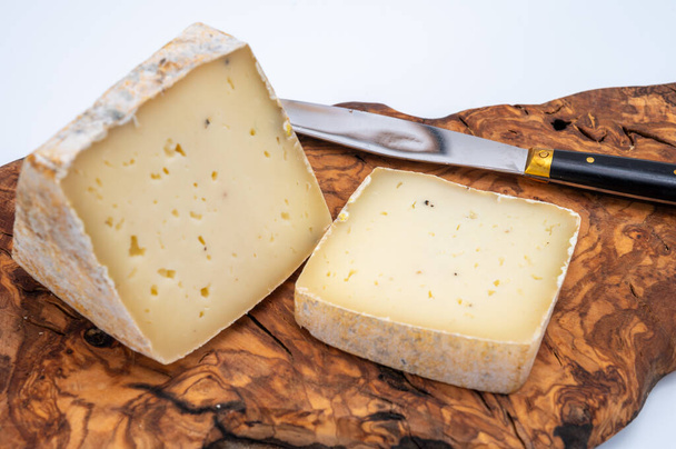 Pedazo de queso duro Ciambella Trufilo hecho con truffel de verano de leche de vaca piamontesa en el área de Langa, Italia - Foto, imagen