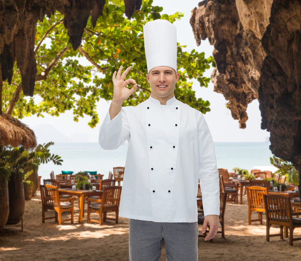 happy male chef cook showing ok sign - Фото, изображение