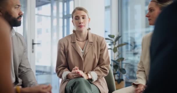 Business woman, meeting and discussion with team or group for communication or social support at office. Female person or employee talking to people for collaboration or presentation at the workplace. - Filmagem, Vídeo