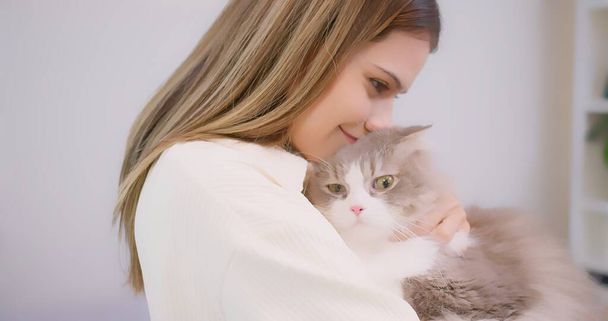 Portré aranyos csinos fiatal szép nő ölelés ölelés aranyos kis bolyhos macska, kapcsolat háziállatok és az emberek. bolyhos macska a gazdája karjaiban. - Fotó, kép