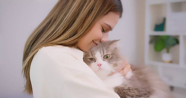 Şirin, güzel, güzel bir kadının portresi sevimli, tüylü bir kediye sarılıyor, evcil hayvanlarla insanlar arasındaki ilişkiyi anlatıyor. Evcil hayvan sahibinin kollarındaki tüylü kedi.. - Fotoğraf, Görsel