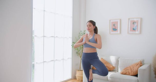 Young Beautiful Female Exercising practing Holding Balance in Tree Yoga Pose ενώ κάνετε διαλογισμό γιόγκα στο σπίτι, τεντώνοντας την ευεξία Υγιεινός τρόπος ζωής, Άσκηση, Ευεξία και Mindfulness Concept - Φωτογραφία, εικόνα