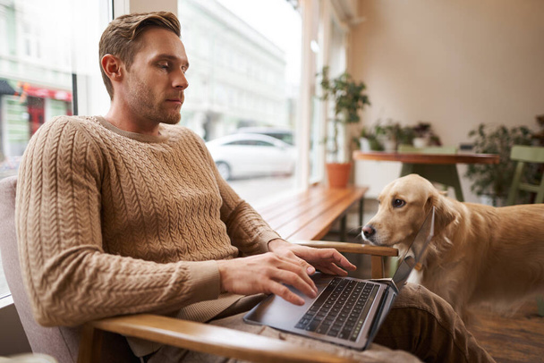 Porträt eines jungen Arbeiters, der im Café sitzt und auf der Tastatur tippt, während ihn ein Hund ansieht. Konzentrierter Coffeeshop-Besucher erledigt seinen Job online, sitzt am Fenster im Co-Working Space. - Foto, Bild