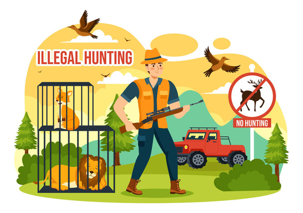 Illegal Hunting Vector Illustration by Shooting, Taking Wild Animals and Plants to Sell in Flat Cartoon Background Design - Vector, Image