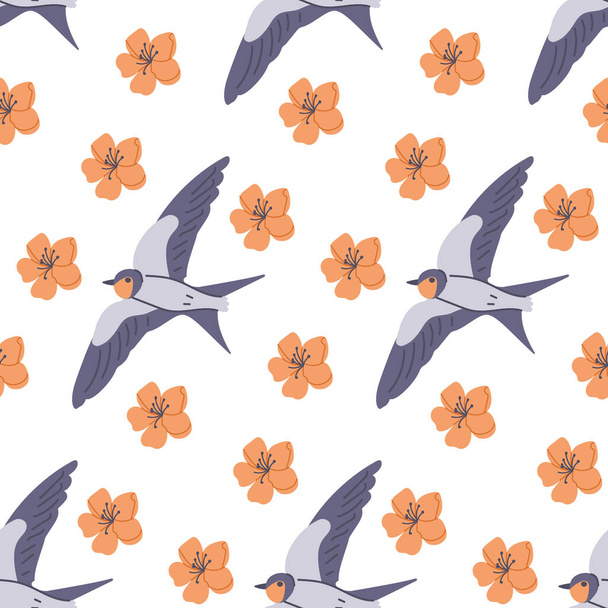 Fliegende Schwalbe mit Blumen blühen nahtlos Muster. lat hand gezeichneten farbigen Elementen auf weißem Hintergrund. Einzigartiges Retro-Print-Design für Textilien, Tapeten, Innenausstattung, Verpackung. Frühjahrskonzept - Vektor, Bild