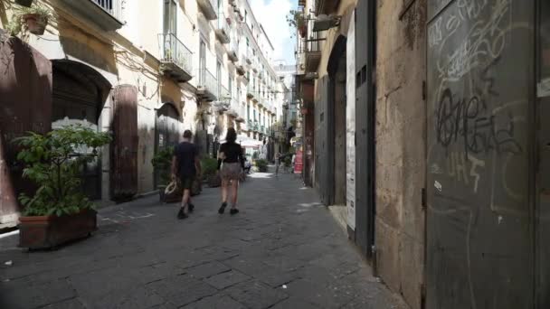 Nápoles, Italia - 7 de mayo de 2023: una calle en el centro histórico de Nápoles, Italia. Nápoles, centro de la ciudad antigua calle del barrio español con famoso monumento, atracción turística arte callejero - Metraje, vídeo