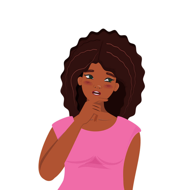 Jonge zwarte vrouw diep in gedachten, haar wijsvinger delicaat geplaatst op haar kin, portretteren een gevoel van verwarring en contemplatie - Vector, afbeelding