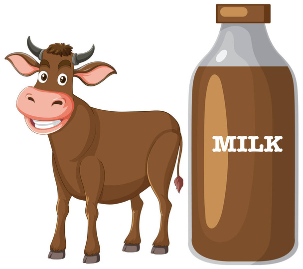 Мультяшная корова рядом с большой бутылкой молока - Вектор,изображение