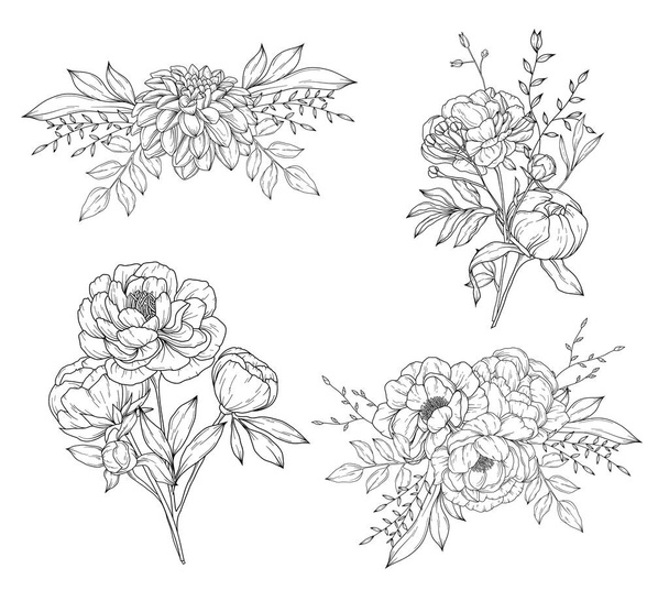 Gyöngyvirág-gyűjtemény csokrok és virágkompozíciók, kézzel rajzolt botanikai vonal rajz, vektor virágos illusztráció - Vektor, kép