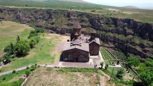 Summer aerial orbit movement around ancient Armenian church Saghmosavank,Armenia. Armenian cultural heritage - Footage, Video