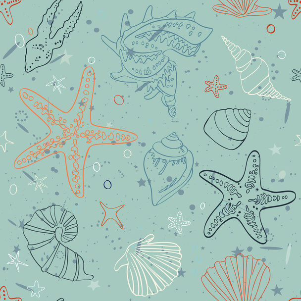 Conchas do mar, estrela do mar, ilustração sem costura moda. Padrão elegante verão elegante. Impressão para papel de embrulho. têxteis, preparação para designers - Foto, Imagem