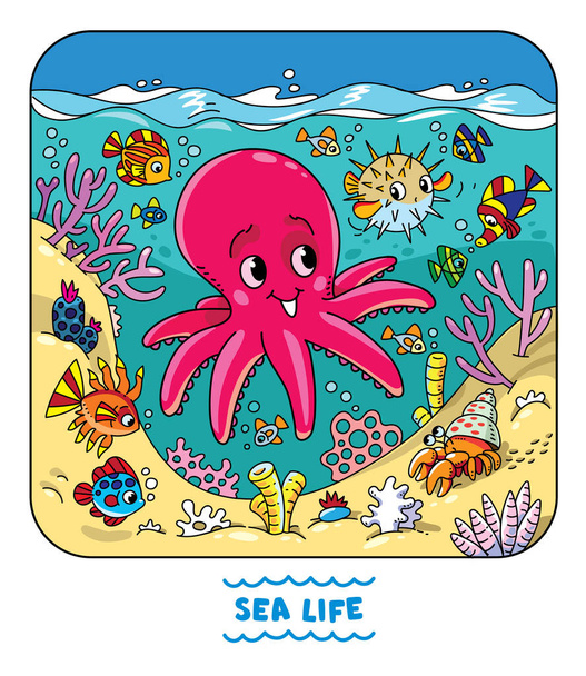 Морская жизнь. Смешной маленький осьминог и морские животные под водой, возле морского дна. Векторная иллюстрация детей. - Вектор,изображение
