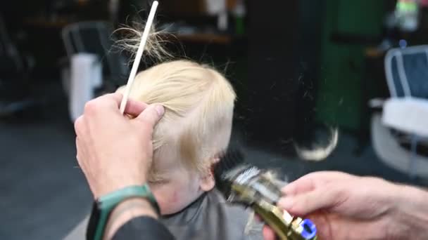 Peluquero usando peine y afeitadora para cortar el cabello. Peluquería profesional afeitar nuca niños pequeños. - Imágenes, Vídeo