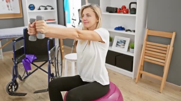 Egy fiatal szőke nő súlyzókkal gyakorol egy mérleglabdán egy rehabilitációs klinikán, jelezve a terápiát, a fitnesst és a gyógyulást.. - Felvétel, videó