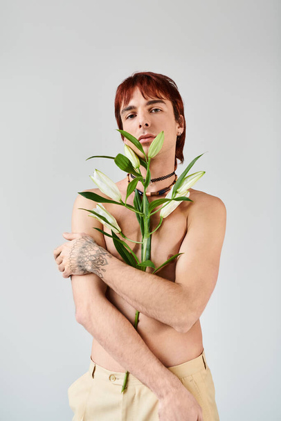 Un hombre sin camisa acuna una planta en sus manos, mostrando su conexión con la naturaleza en un entorno de estudio con un fondo gris. - Foto, Imagen