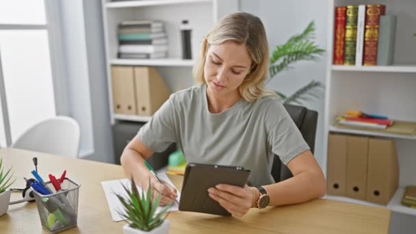 Egy fiatal, hivatásos szőke nő figyelmesen dolgozik egy irodában, táblagéppel a kezében, növényekkel és irodai eszközökkel körülvéve.. - Felvétel, videó