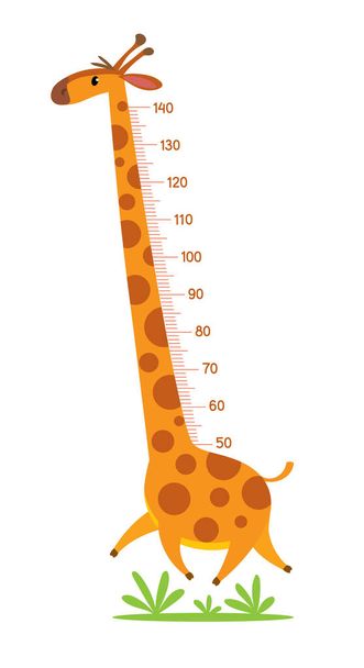 Veselá legrační žirafa s dlouhým krkem. Výškoměr nebo nálepka na stěnu nebo stěnu. Vektorová ilustrace pro děti s měřítkem od 50 do 140 cm pro měření růstu - Vektor, obrázek