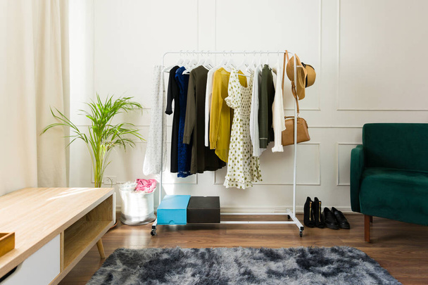 Стильный дизайн интерьера с организованным гардеробом с модной одеждой и аксессуарами - Фото, изображение
