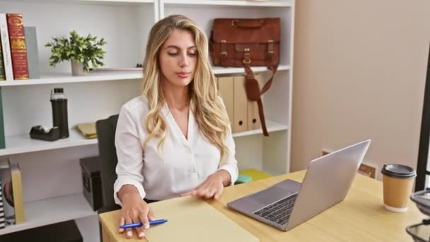 No escritório, uma jovem, loira empresária habilmente multitarefas entre o trabalho em seu laptop e pentear seu cabelo elegante - Filmagem, Vídeo