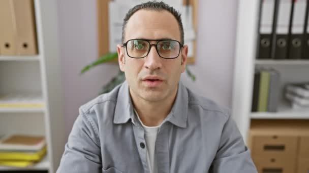 Een verrassende Spaanse man die zijn bril aanpast in een kantooromgeving. - Video