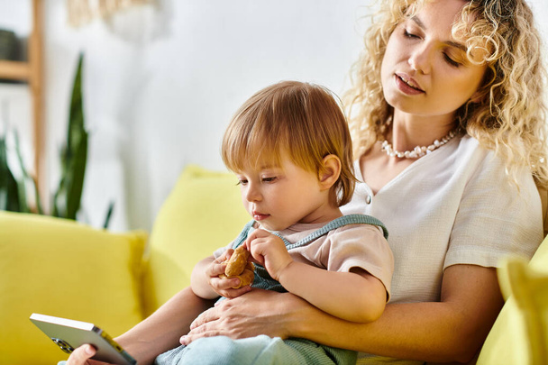 Eine lockige Mutter hält ihre Kleinkind-Tochter liebevoll in der Hand, während sie zu Hause auf einer gemütlichen Couch sitzt, Bildschirmzeit - Foto, Bild