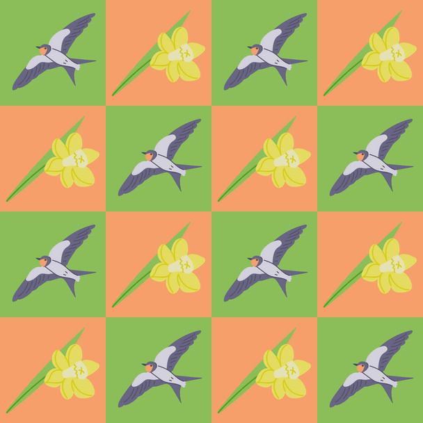 Swallow and daffodil contrast seamless pattern. Flat hand drawn bird and flower in contrast squares. Unique retro print design for textile, wallpaper, interior, wrapping. Spring concept - Vector, Image