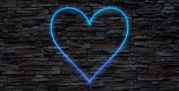 Neon heart. Bright night neon signboard on brick wall background with backlight. Retro red neon heart sign. Romantic design for Happy Valentines Day. Night light advertising. Vector illustration. - Photo, Image