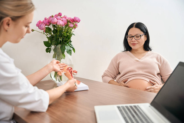 Qualified gynecologist showing to pregnant asian woman model of female vagina, explaining way of contractions and work of womb during baby delivering - Foto, afbeelding