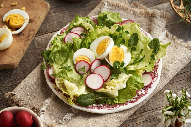 Salade de printemps aux œufs et aux plantes sauvages comestibles - tétranyque, épilobe, jeunes feuilles d'achillée - Photo, image