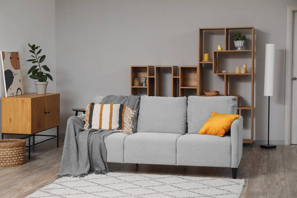 Tyylikäs harmaa sohva lipasto ja hyllyt yksikkö olohuoneessa - Valokuva, kuva