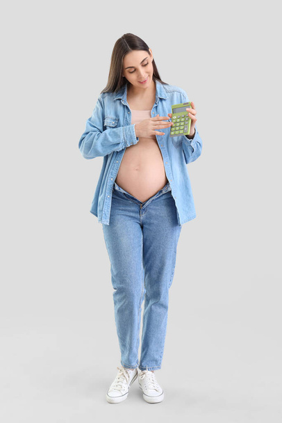 Arka planda hesap makinesi olan genç hamile bir kadın. Annelik Faydası kavramı - Fotoğraf, Görsel