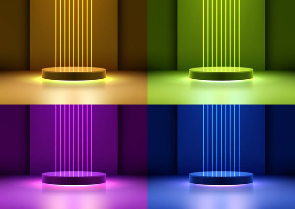 3D realistische leere Podiumsständer mit neonfarbenen Laserlinien Hintergrund auf lebendigem Hintergrund modernen Technologie-Stil. Verwendung für Technikpräsentation, Schaukasten-Attrappe, Showroom, Produktpräsentation für Spiele, usw. Vektorillustration - Vektor, Bild