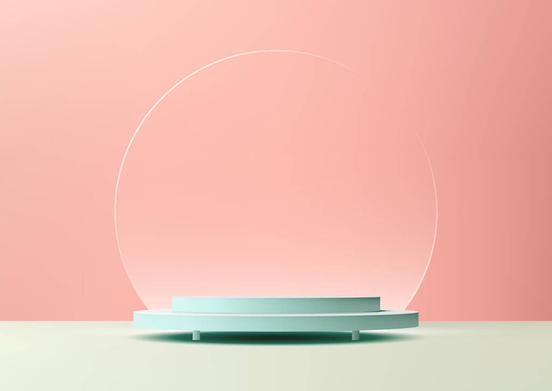 Le podium bleu 3D avec toile de fond en verre circulaire est parfait pour les maquettes modernes d'affichage de produits de concept intérieur. Le support est posé sur un sol et un fond rose. Illustration vectorielle - Vecteur, image