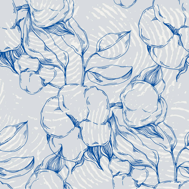 Nahtlose Muster Baumwollblütenblumen, endlose Textur, Tuschskizzenkunst. Vektor-Illustration für Hochzeitseinladungen, Tapeten, Textilien, Packpapier - Vektor, Bild