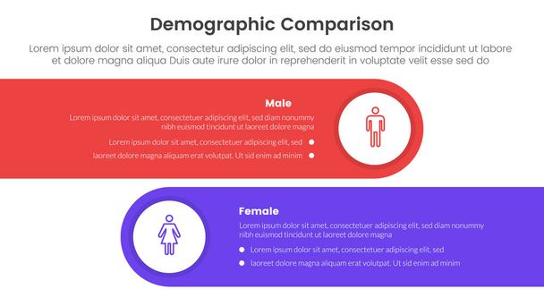 Demografisches Vergleichskonzept Mann gegen Frau für Infobanner mit horizontalem rundem Rechteck mit Zwei-Punkt-Liste-Informationsvektor - Vektor, Bild