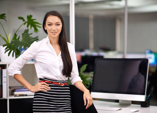 Portrait, computer screen and businesswoman with confidence in office and technology for productivity. Happy, face and web developer with job satisfaction, connection and software update in company. - Photo, Image