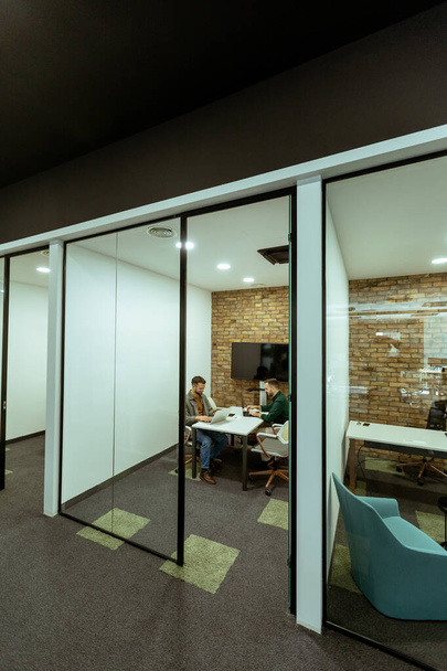 Два профессионала беседуют, удобно расположившись в офисном зале, в окружении зелени и элементов современного дизайна - Фото, изображение