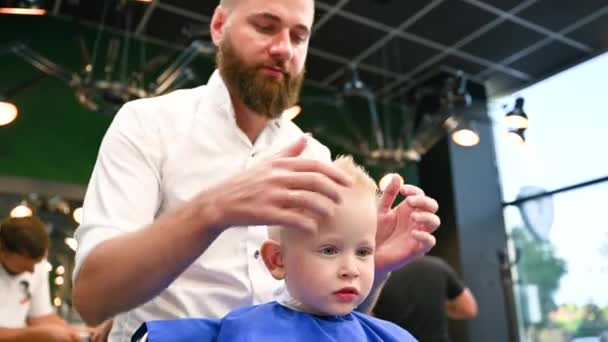 A un niño pequeño le cortan el pelo en la barbería moderna. Peluquería haciendo toques finales en el nuevo corte de pelo, dando forma a los cabellos de los niños por las manos. - Imágenes, Vídeo