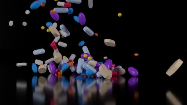 Различные таблетки падают на черном фоне. Лекарства, таблетки, антибиотики, витамины, здравоохранение, фармацевтическая промышленность, употребление лекарств, концепция медицины. 3d Animation - Кадры, видео