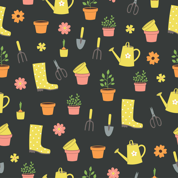 Seamless pattern of gardening elements and flowers on grey background. Template for cards, posters, fabric, prints and wallpaper. Vector illustration - Vector, Image