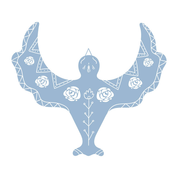 Met de hand getekende duif silhouet versierd met wit ornament en bloemstuk. Vogeltekening in boho stijl. Vectorillustratie - Vector, afbeelding