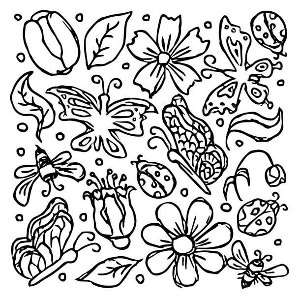 Spring floral illustration with flowers, butterflies, bees and ladybugs. Doodle flowers background - Photo, Image